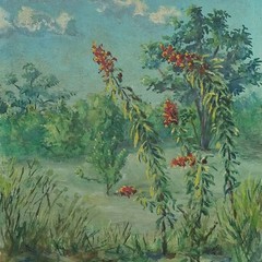 1948 Miniature Floral Landscape Oil Painting Lobelia Flowers Marsh 8×6 Goddard