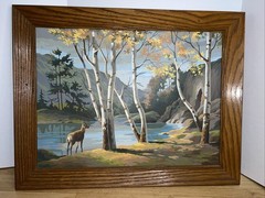 VTG Large Paint By Number Framed Landscape Deer Lake Cabin Art 28×22 Oak Frame