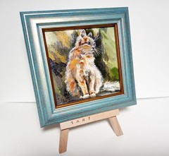 Ginger cat 4×4 inches Mini oil painting framed on stand read