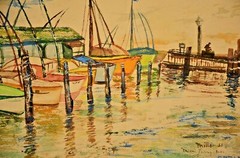 MILLER Original Vintage Signed Miami Fishing Boats Seascape Watercolor Painting