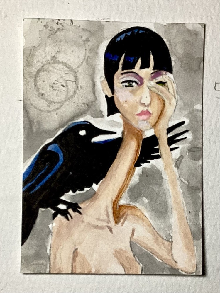 original aceo ink and watercolor painting-She Listened to the Dark