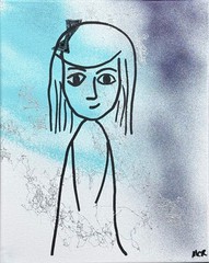 Original Signed Mixed Media Art Line Drawing Young Girl Painting 11×14 OOAK