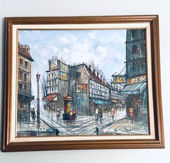Paris Original Oil Painting Canvas, signed 24”W x 20”H, vintage wood frame 1980s