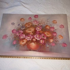 Vintage modernist pink flower ROSES original art oil painting signed canvas