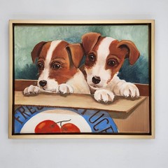 Jack Russell Terrier Puppies in Box Original Oil Painting 16×20 Canvas Dog Decor