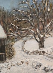 VTG Oil Painting Framed Landscape Snow with Christmas Tree and Barn Signed Art