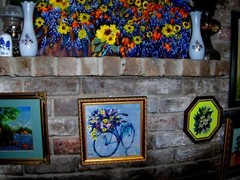 ORIGINAL Royal Pink Yellow Bluebonnet Floral Bouquet Basket Bicycle Oil Board Vt