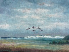 Impressionist Naturalist Coastal Landscape with Flying Ducks Nature Sky