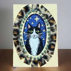 ACEO Original Cat Painting Acrylic and Embroidery Mini Cat Art by LM McGrath