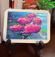 Metallic Colorful Whimsical Cherry Tree ACEO art card original signed 2.5×3.5