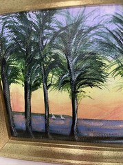 Tropical Landscape Painting Coastal Seascape Palm Trees Ocean sailboats 7.5×6”