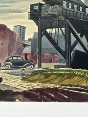 Antique Wpa Painting Cityscape American Street Car Urban Regionalism Industrial