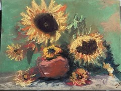 PAiNTING ORIGINAL FLORAL SIGNED PASTEL 9”X12”. “ Sunflowers On Green.”