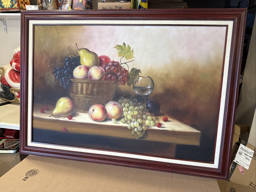 42 x 30” Large Signed Real Oil Painting Framed Art Fruit Basket Cherries Grapes