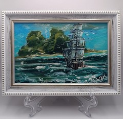 Vintage Sailboat Painting Original Pirate Ship Tropical Island Decor Framed