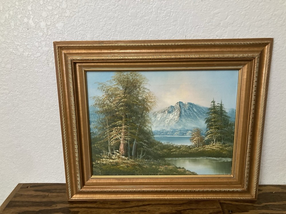 Oil On Canvas Mountain/Lake Landscape Painting With Gold Frame 12 X 16/ 18 X 22