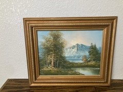 Oil On Canvas Mountain/Lake Landscape Painting With Gold Frame 12 X 16/ 18 X 22