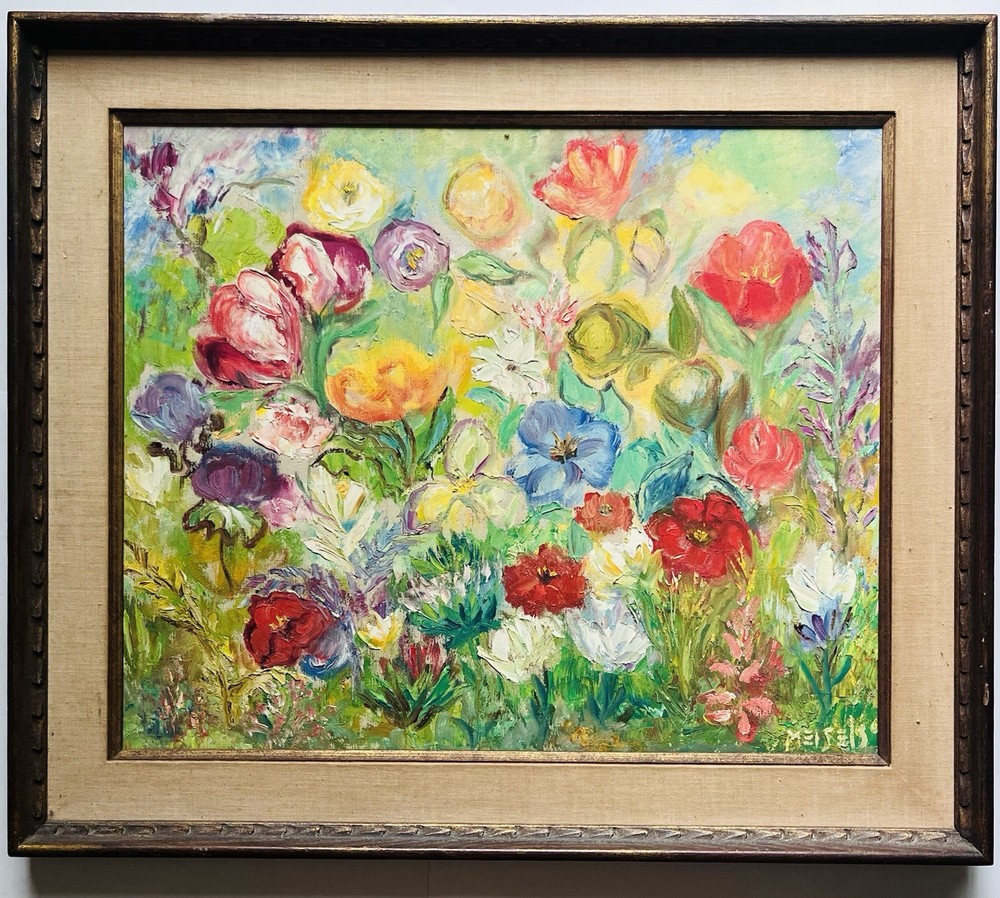 Mid Century Modern Original Floral Flower Garden Oil Painting Signed Meisels