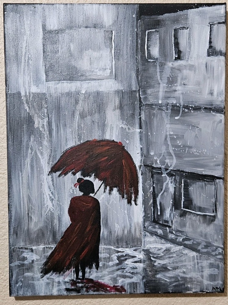 Hand Painted Wall Art „Red Umbrella“ Urban City Scene Black White Red 12″ x 16″