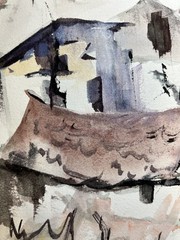 Little Town Landscape–Medium Size Watercolor–Charlotte Hoffman-Mid 20th C NY Art