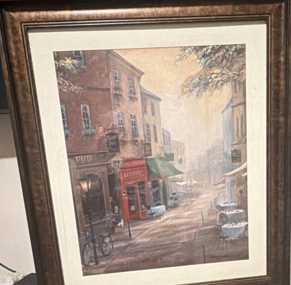 Ronna Framed Signed Realism Oil Painting Cityscape Bakery Pub Cafe Bicycle