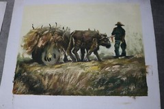 2 Paintings on Canvas of Animal Drawn Carts People Working – Unsigned