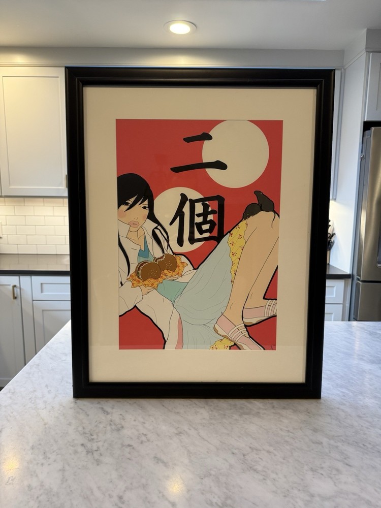 Original Signed 2004 Yumiko Kayukawa „Two Hamburgers“ Acrylic Painting 29″x23″