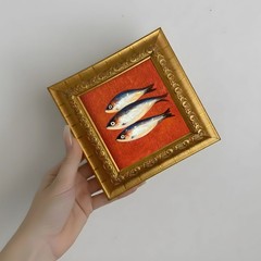 Sardines Kitchen Art, Fish Oil Painting Small Framed Original Art For Home Decor