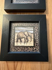 2 Miniature 4”x4” African Wild Animals Elephant Giraffe Black Wood Frames
