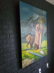 ✔Antique Original Oil Painting Summer Landscape with Mountains and the Bears