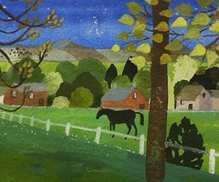 Original 1995 Mary Fedden Farm Landscape with Horse and Barns Gouache Signed