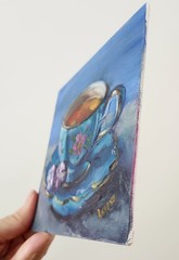 Blue Cup and Saucer with Tea Original Oil Painting 6×6 OOAK Signed Still Life