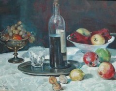 1951 Impressionist Oil on Masonite Still Life W/ Wine & Fruit Signed L. Neusteu?