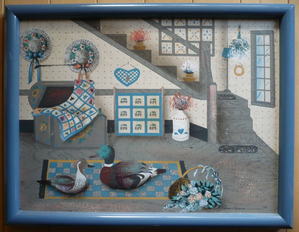Hamilton, Vintage American Folk Art Painting Signed Genre Ducks Country Decor