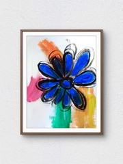 Original Acrylic 9×12 Daisy Painting Blue Impressionist Signed Paper Wall Art