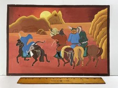 Antique Mongolian Landscape Hunting Falconry Horse ￼ZURAG Gouache Painting