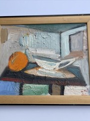 CHRISTOPHER NAYLOR PAINTING VINTAGE ABSTRACT CUBIST STILL LIFE TEA POT W ORANGE