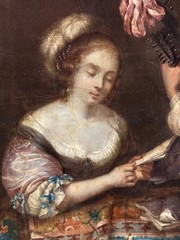 18th Century Dutch oil on canvas love couple reading playing lute 47×36 cm