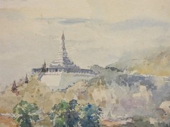 Tin Aung Htaik Burmese Artist Shwedagon Buddhist Pagoda Village Life WC Painting