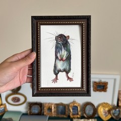 Miniature Rat Portrait Painting Original Watercolor Ornate Framed Animal Art