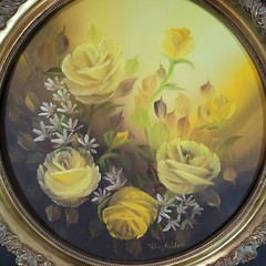 Yellow Rose Flower Original Painting Signed Round Gold Frame OOAK Wall Art