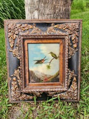 Original Signed K Mills Oil On Canvas Ruby Throated Hummingbirds Shadowbox Frame