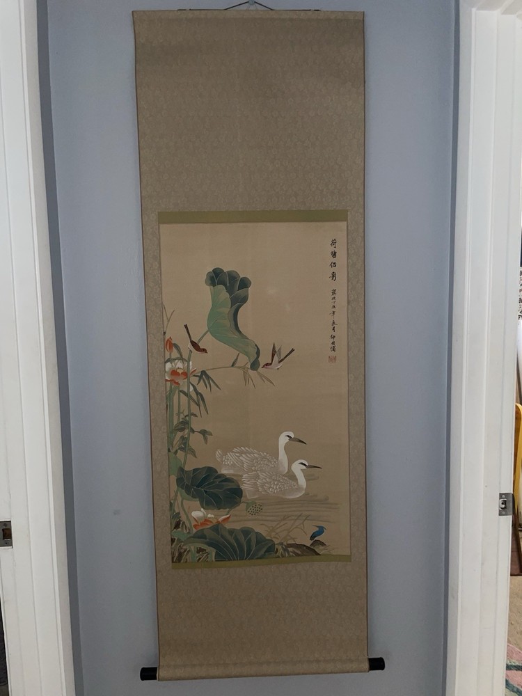 Vintage Chinese Hanging Scroll Lotus Birds Painting Silk Wall Art Signed