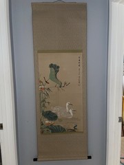 Vintage Chinese Hanging Scroll Lotus Birds Painting Silk Wall Art Signed