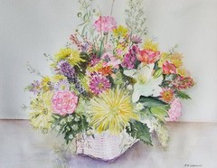Painter Suzanne Obrand, Holocaust Survivor, Watercolor „Basket of Flowers #2“