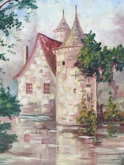 ANTIQUE OIL PAINTING LISTED ROY DEETS CASTLE LANDSCAPE GOLD FRAME 25.5″ X 28.5″