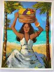 Tropical Island Girl with Fruit: Vibrant 18 X 24 Acrylic Painting on Paper
