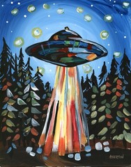 Atherton 11×14 Original Alien Abduction Acrylic Painting „UFO Woods“ hand signed