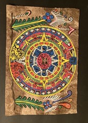 Aztec Sun Stone Painting/ Calendar on Bark Paper Vibrant Acrylic Colors 8”x11.5”
