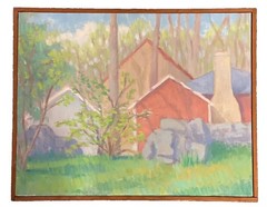 VINTAGE MID CENTURY MODERN ABSTRACT FARM YARD LANDSCAPE OIL PAINTING